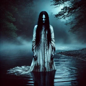 Imagen de una figura femenina espectral vestida de blanco junto a un río bajo la luna llena